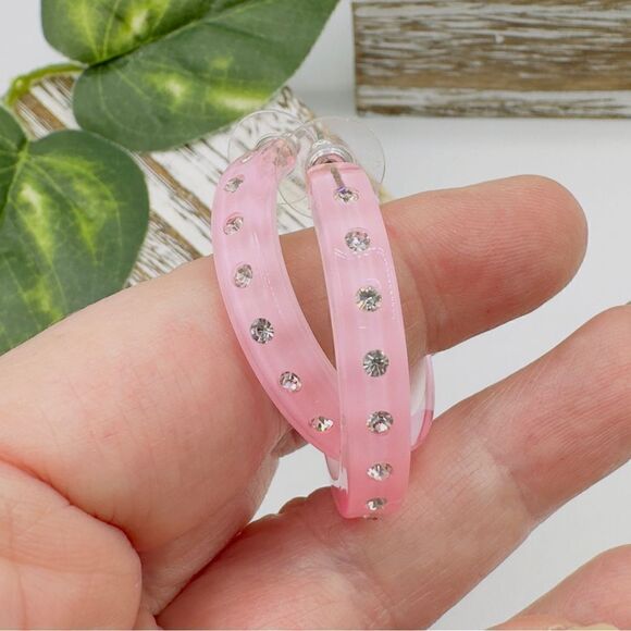 Vintage Pink & White Lucite Rhinestone Hoop Earrings - Picture 6 of 6
